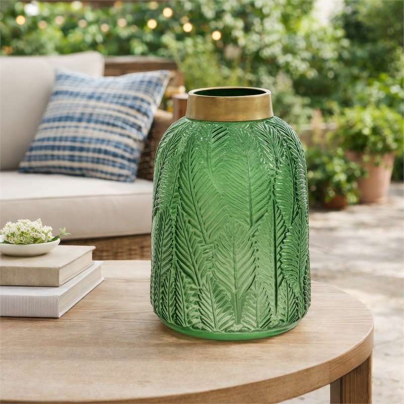 Dsy Floral Vase with Gold Rim- Embossed Fern Leaf- Green Glass 8 Inch