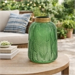 Dsy Floral Vase with Gold Rim- Embossed Fern Leaf- Green Glass 8 Inch