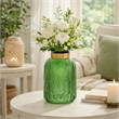 Dsy Floral Vase with Gold Rim- Embossed Fern Leaf- Green Glass 8 Inch