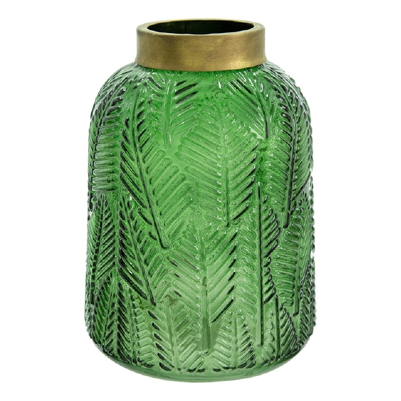Dsy Floral Vase with Gold Rim- Embossed Fern Leaf- Green Glass 8 Inch