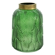 Dsy Floral Vase with Gold Rim- Embossed Fern Leaf- Green Glass 8 Inch