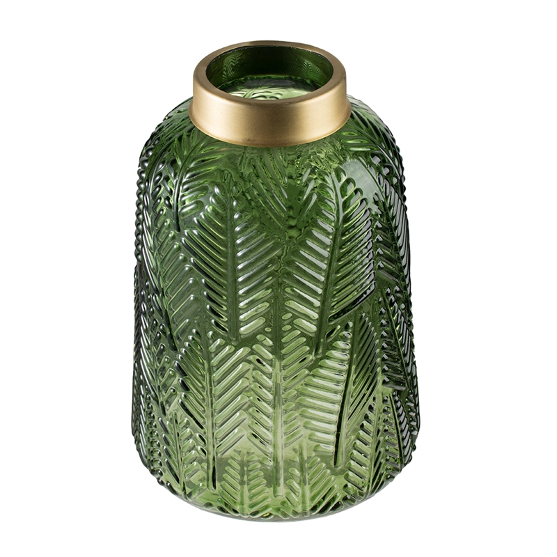 Dsy Floral Vase with Gold Rim- Embossed Fern Leaf- Green Glass 10 Inch