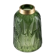 Dsy Floral Vase with Gold Rim- Embossed Fern Leaf- Green Glass 10 Inch