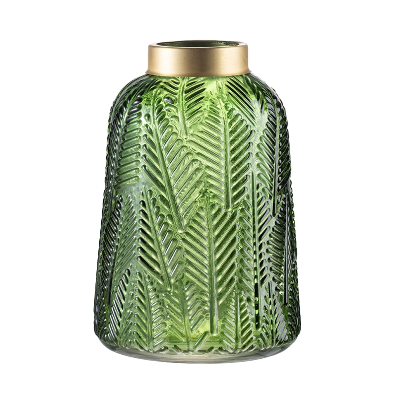 Dsy Floral Vase with Gold Rim- Embossed Fern Leaf- Green Glass 10 Inch