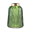Dsy Floral Vase with Gold Rim- Embossed Fern Leaf- Green Glass 10 Inch