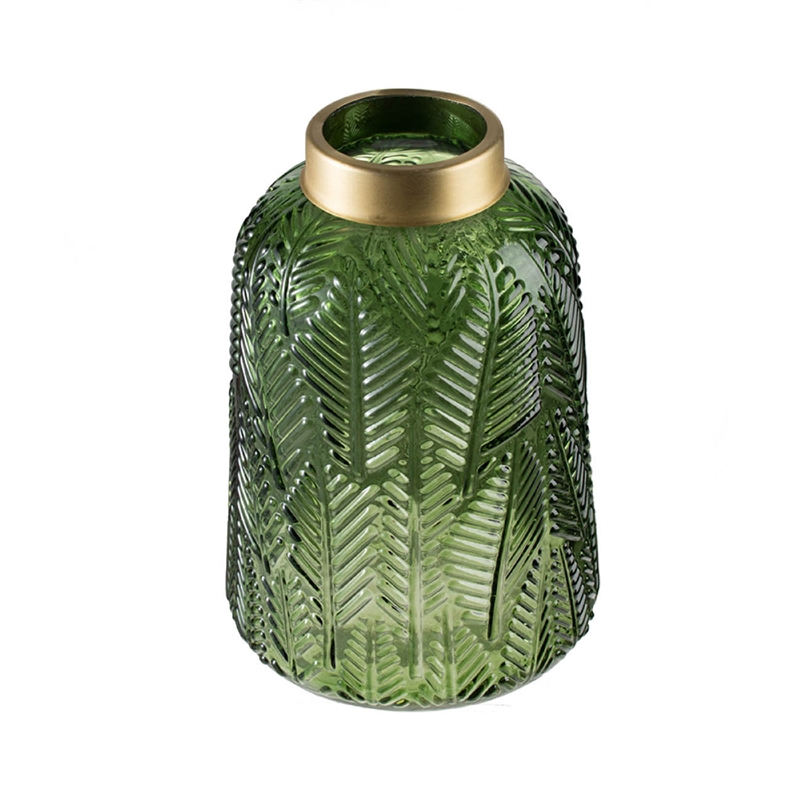Dsy Floral Vase with Gold Rim- Embossed Fern Leaf- Green Glass 10 Inch