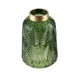 Dsy Floral Vase with Gold Rim- Embossed Fern Leaf- Green Glass 10 Inch