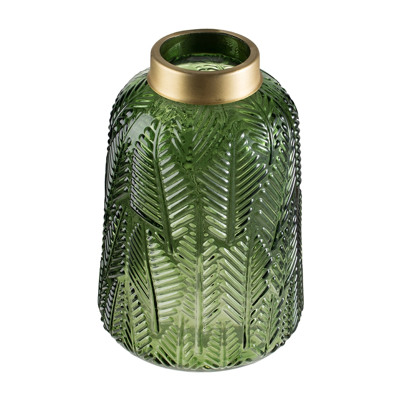 Dsy Floral Vase with Gold Rim- Embossed Fern Leaf- Green Glass 10 Inch