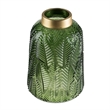 Dsy Floral Vase with Gold Rim- Embossed Fern Leaf- Green Glass 10 Inch