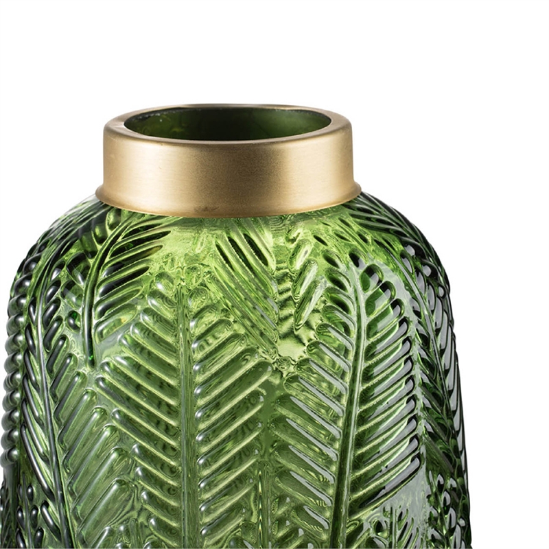 Dsy Floral Vase with Gold Rim- Embossed Fern Leaf- Green Glass 10 Inch