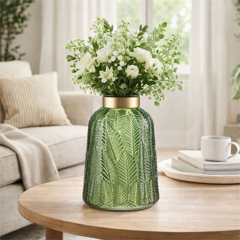 Dsy Floral Vase with Gold Rim- Embossed Fern Leaf- Green Glass 10 Inch