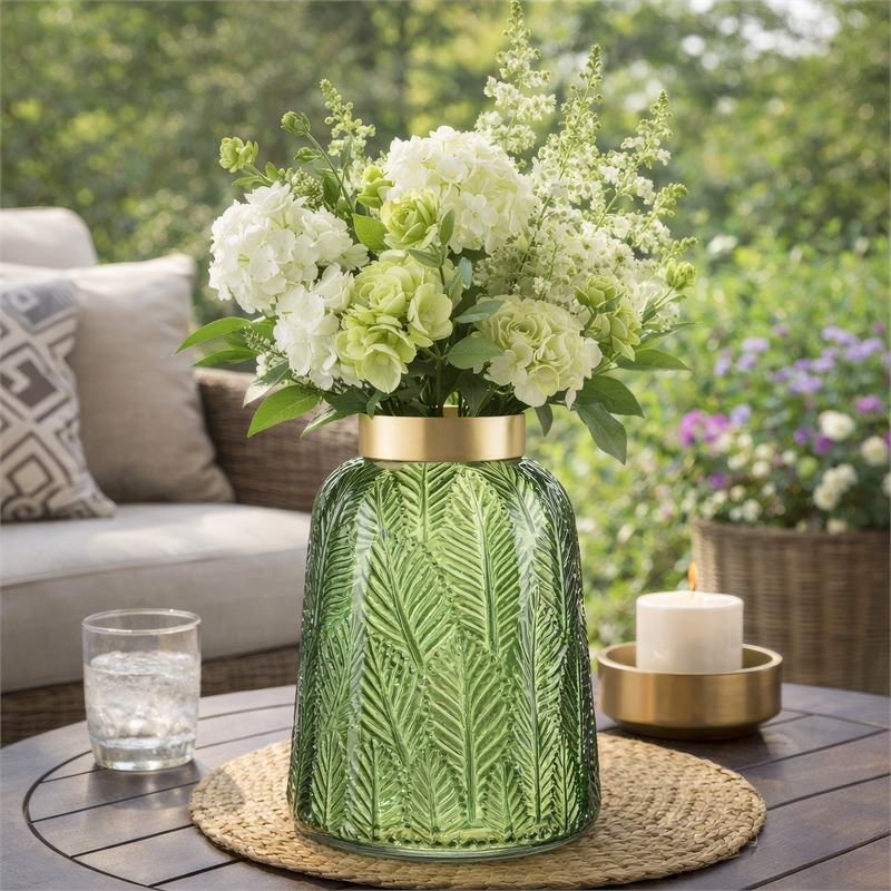 Dsy Floral Vase with Gold Rim- Embossed Fern Leaf- Green Glass 10 Inch