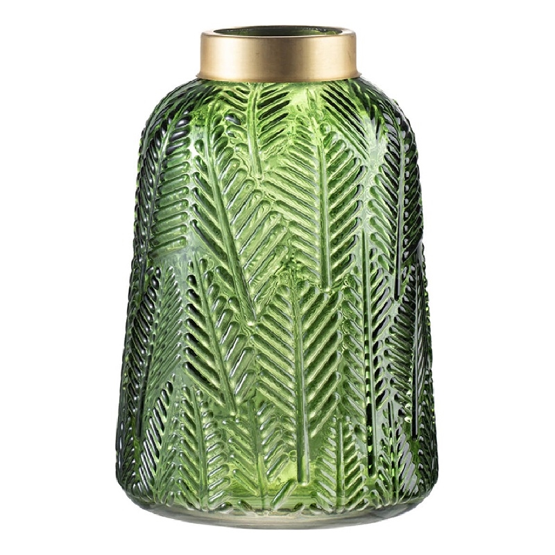 Dsy Floral Vase with Gold Rim- Embossed Fern Leaf- Green Glass 10 Inch
