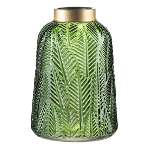 Dsy Floral Vase with Gold Rim- Embossed Fern Leaf- Green Glass 10 Inch