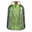 Dsy Floral Vase with Gold Rim- Embossed Fern Leaf- Green Glass 10 Inch