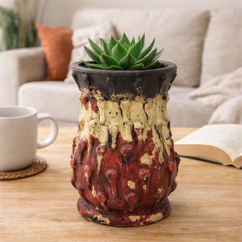 Decorative Flower Vase- 10 Inch Textured Red Cream and Brown Terracotta