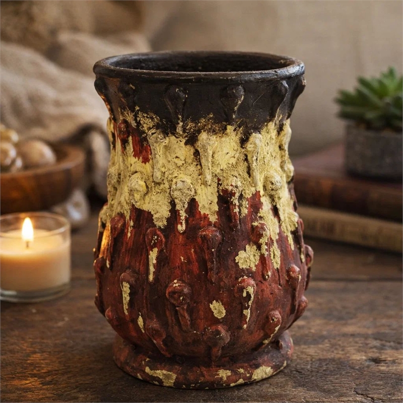 Decorative Flower Vase- 10 Inch Textured Red Cream and Brown Terracotta