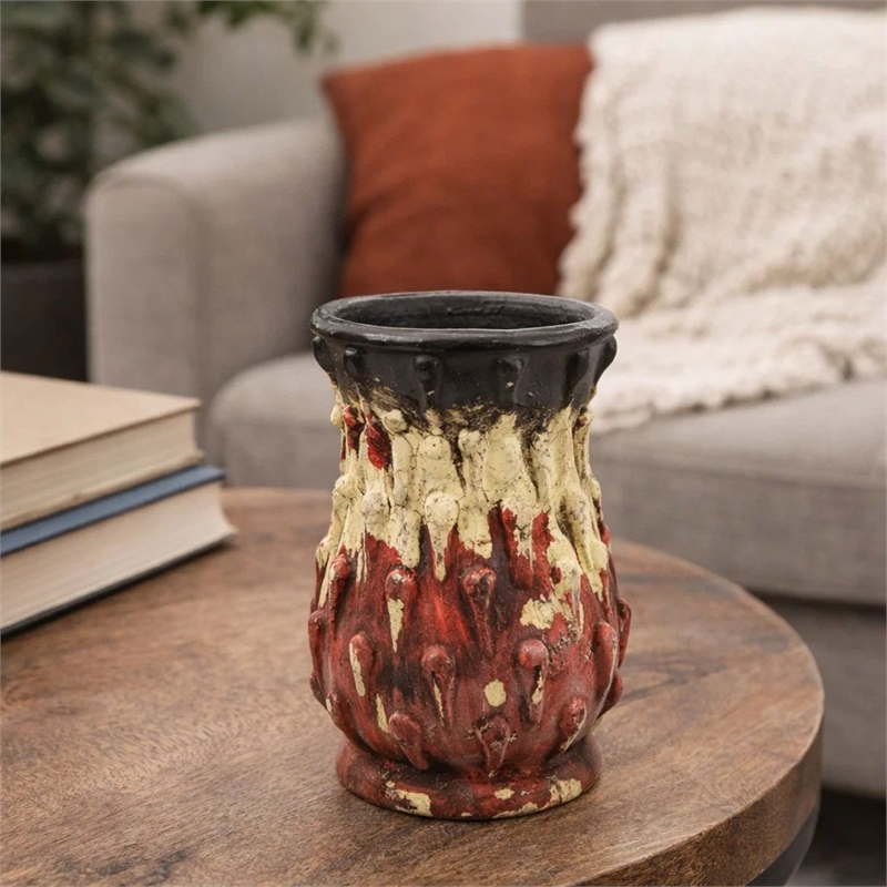 Decorative Flower Vase- 10 Inch Textured Red Cream and Brown Terracotta