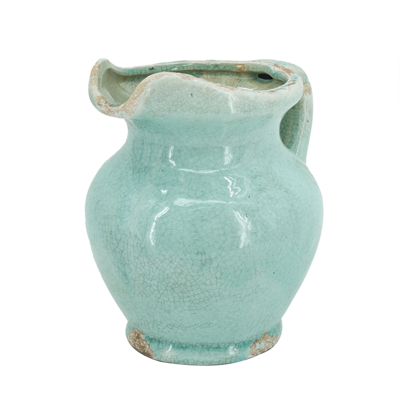 Tery Decorative Flower Vase with Handle- 9 Inch- Glazed Blue Terracotta