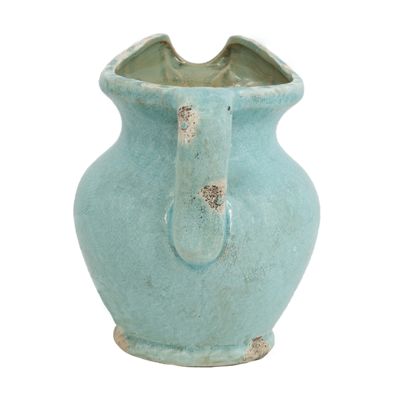 Tery Decorative Flower Vase with Handle- 9 Inch- Glazed Blue Terracotta