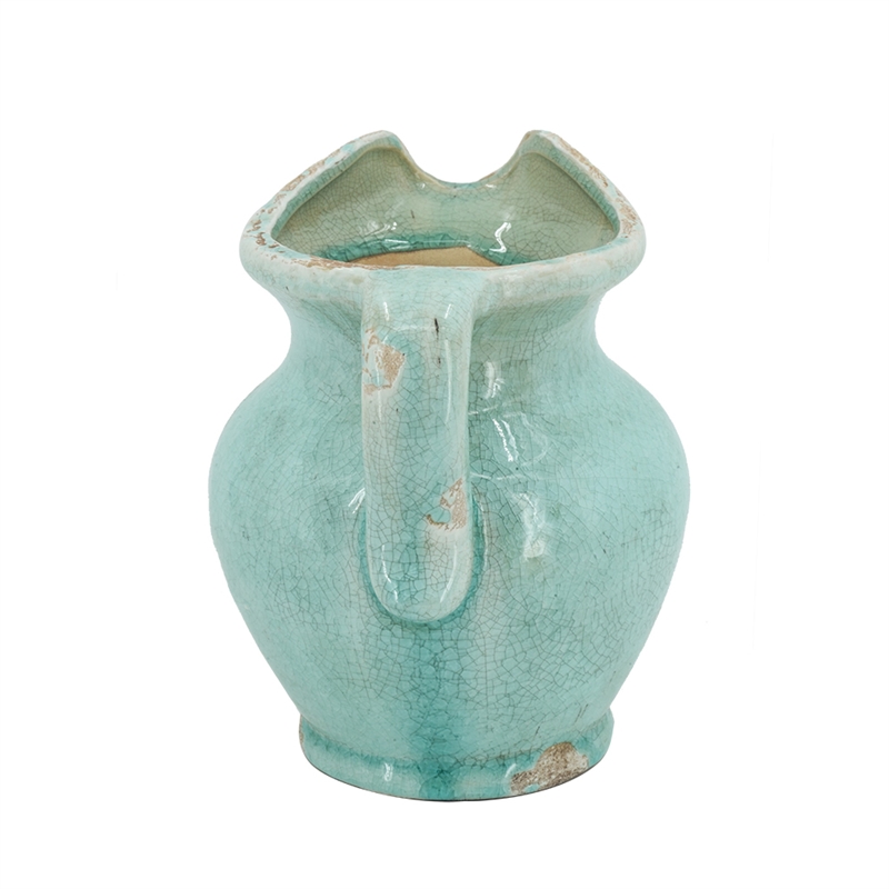 Tery Decorative Flower Vase with Handle- 9 Inch- Glazed Blue Terracotta