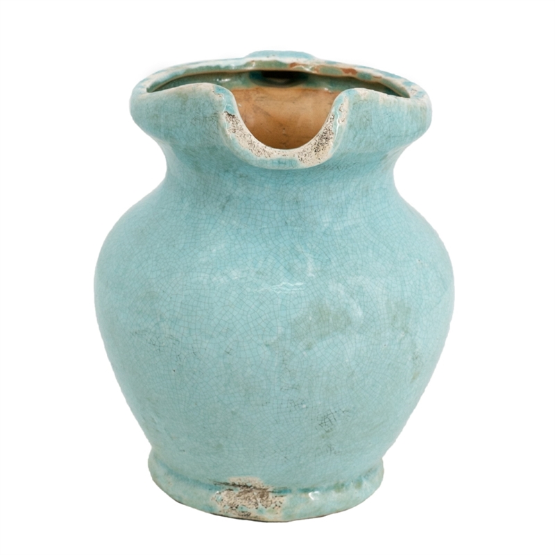 Tery Decorative Flower Vase with Handle- 9 Inch- Glazed Blue Terracotta