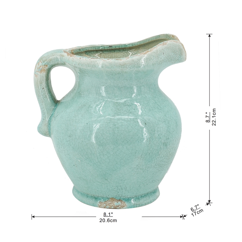 Tery Decorative Flower Vase with Handle- 9 Inch- Glazed Blue Terracotta