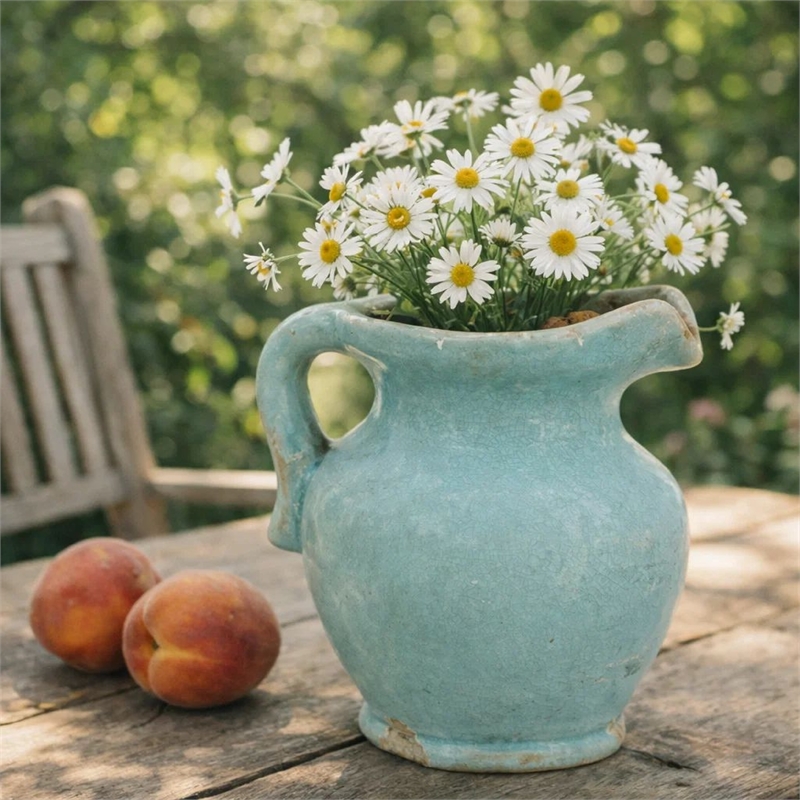 Tery Decorative Flower Vase with Handle- 9 Inch- Glazed Blue Terracotta