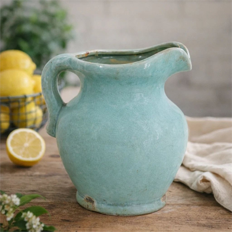 Tery Decorative Flower Vase with Handle- 9 Inch- Glazed Blue Terracotta