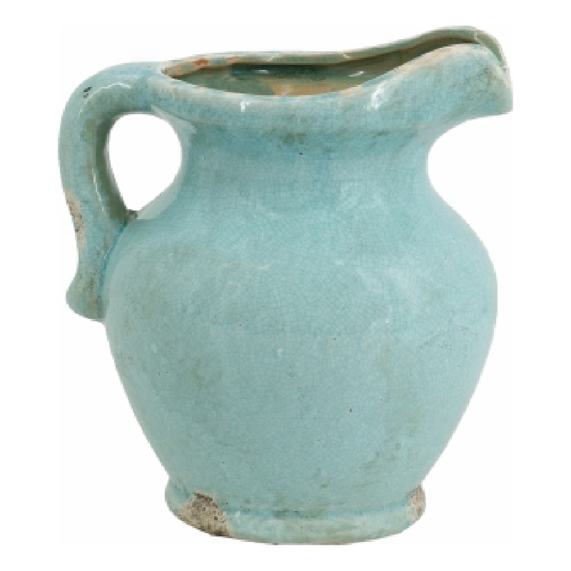 Tery Decorative Flower Vase with Handle- 9 Inch- Glazed Blue Terracotta