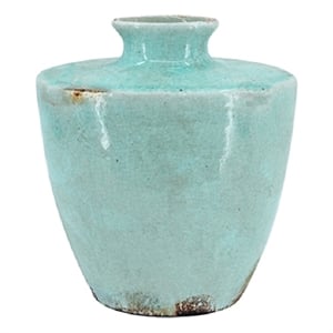 Tery Decorative Flower Vase- 12 Inch- Angled Glazed Blue Patina Terracotta