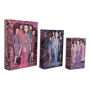 Meer Faux Book Storage Box Set of 3- Pink Black Fashion Illustrations- Silk