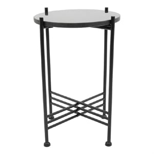 Azik Accent Table- 13 Inch Round Marble-Look Glass Top- Black Iron X Base