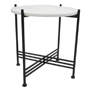 Azik Accent Table- 16 Inch Round White Marble-Look Glass Top- Black Iron