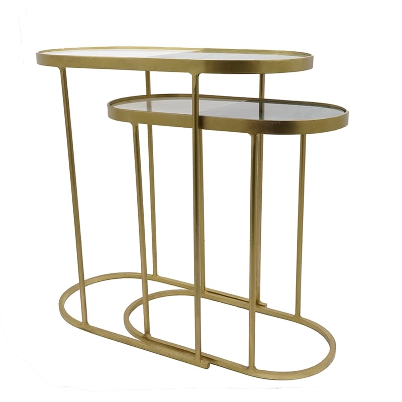 2pc Nesting Table Set- Marble Inlay Oval Top in White and Green- Gold Iron