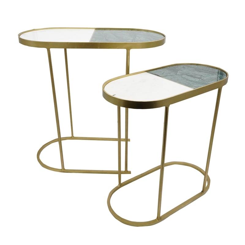 2pc Nesting Table Set- Marble Inlay Oval Top in White and Green- Gold Iron