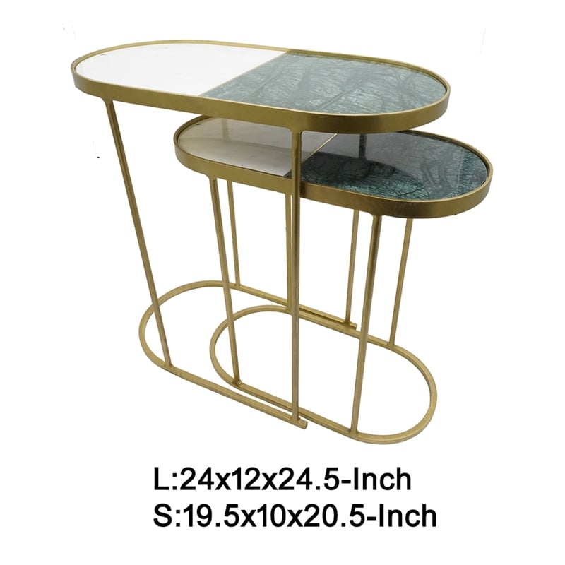 2pc Nesting Table Set- Marble Inlay Oval Top in White and Green- Gold Iron