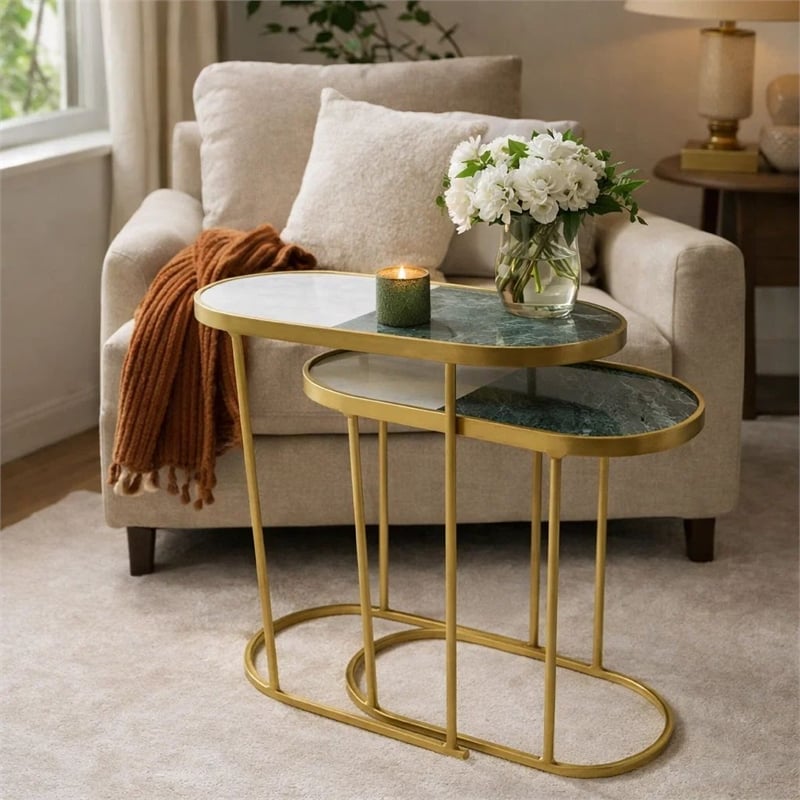 2pc Nesting Table Set- Marble Inlay Oval Top in White and Green- Gold Iron