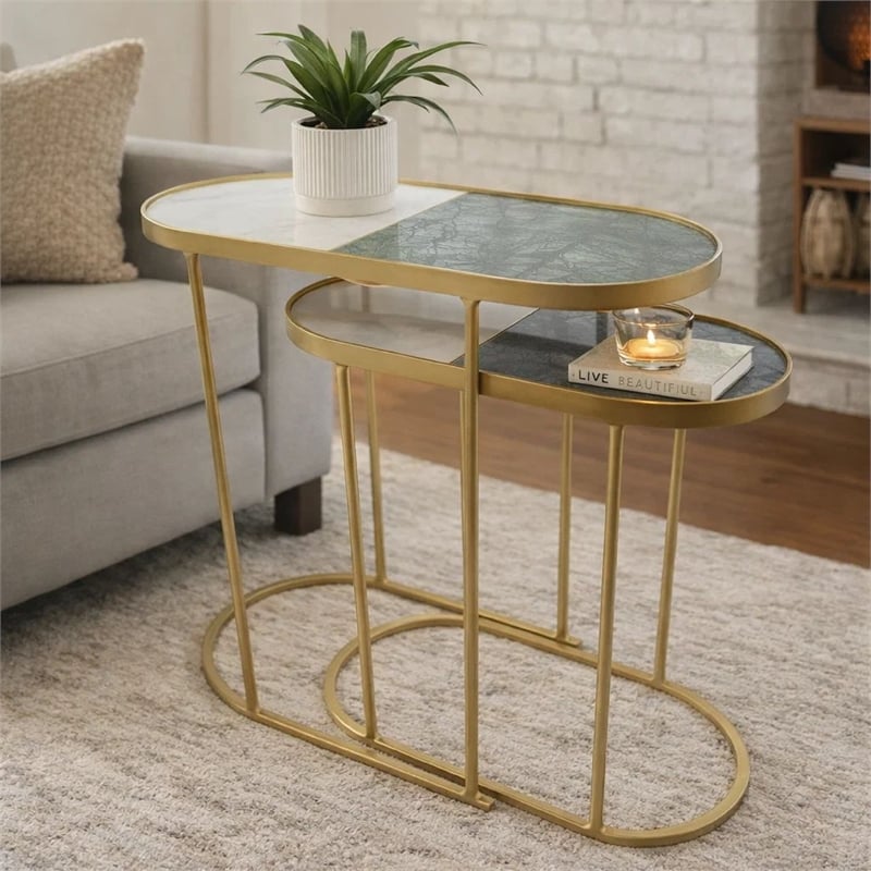 2pc Nesting Table Set- Marble Inlay Oval Top in White and Green- Gold Iron