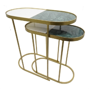 2pc Nesting Table Set- Marble Inlay Oval Top in White and Green- Gold Iron