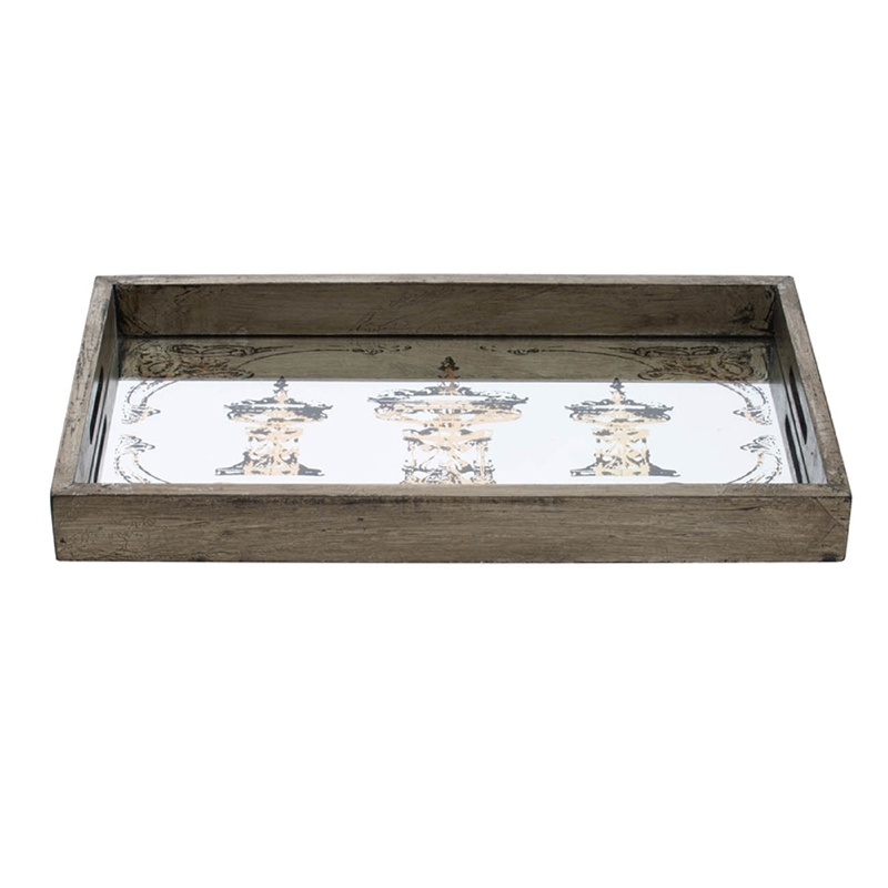 Gery Serving Tray Set of 2- Patterned Glass Base and Rustic Brown Frame