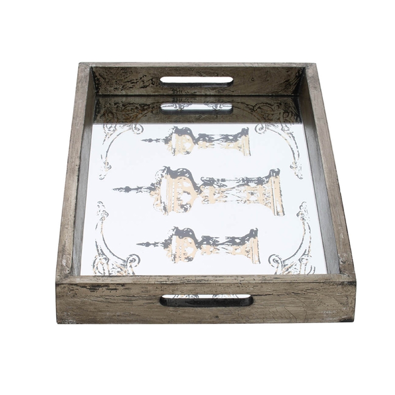 Gery Serving Tray Set of 2- Patterned Glass Base and Rustic Brown Frame