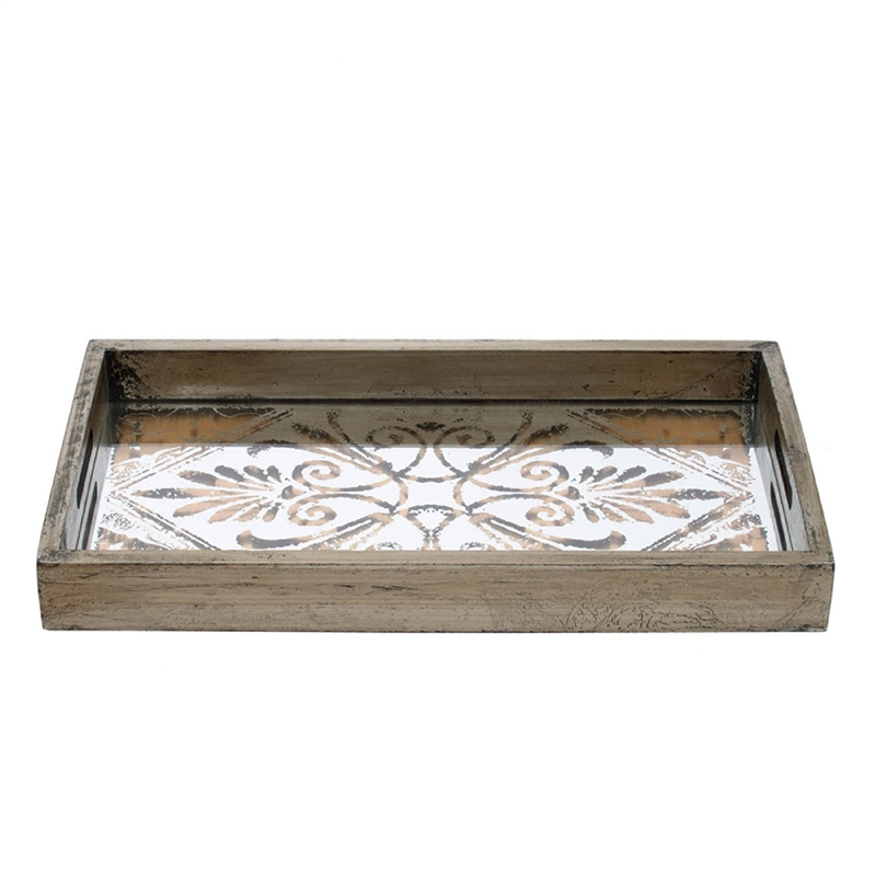 Gery Serving Tray Set of 2- Patterned Glass Base and Rustic Brown Frame