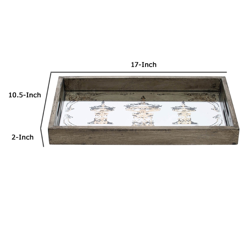 Gery Serving Tray Set of 2- Patterned Glass Base and Rustic Brown Frame