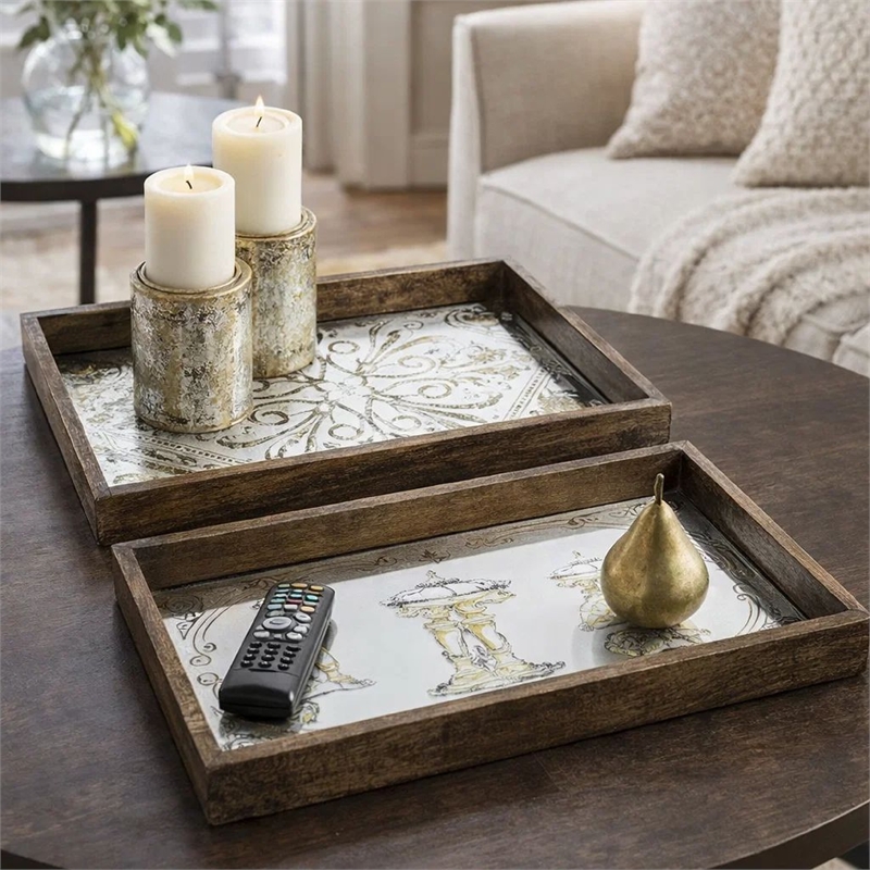 Gery Serving Tray Set of 2- Patterned Glass Base and Rustic Brown Frame