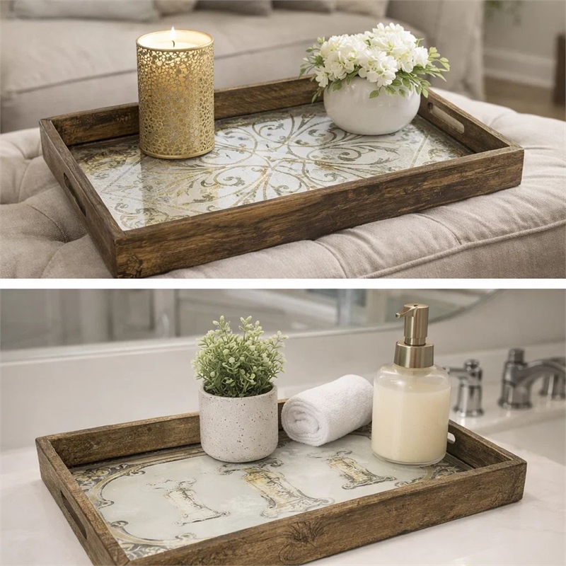 Gery Serving Tray Set of 2- Patterned Glass Base and Rustic Brown Frame