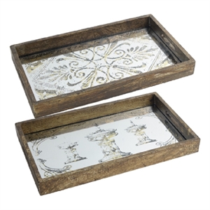 Gery Serving Tray Set of 2- Patterned Glass Base and Rustic Brown Frame