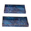 Decorative Serving Tray Set of 2- Cutout Handles- Blue Gold Faux Marble