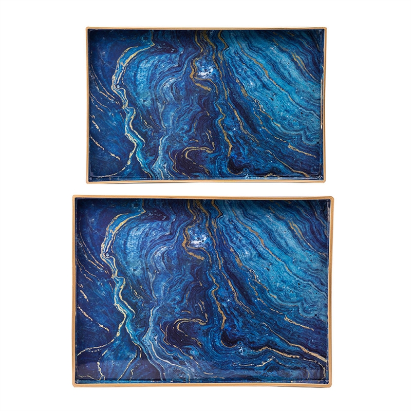 Decorative Serving Tray Set of 2- Cutout Handles- Blue Gold Faux Marble
