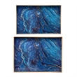 Decorative Serving Tray Set of 2- Cutout Handles- Blue Gold Faux Marble